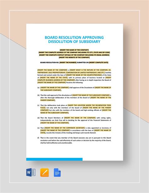 Board Resolution Approving Dissolution of Subsidiary Template Google