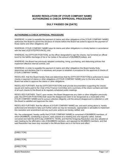 Board Resolution Authorizing A Check Approval Procedure Gotilo