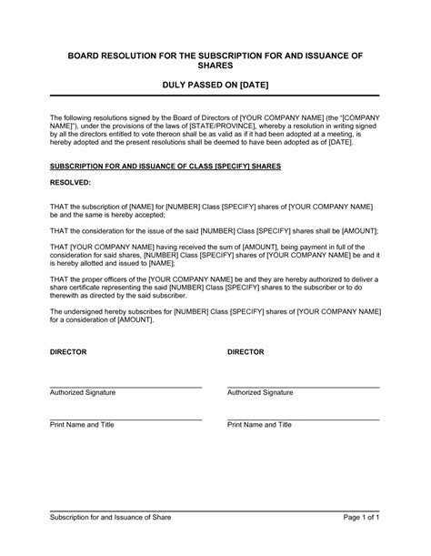Board Resolution For Issue Of Shares Template