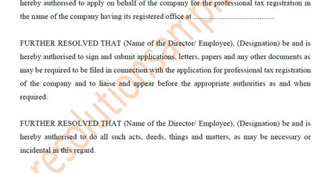 Board Resolution Format for Professional Tax Registration