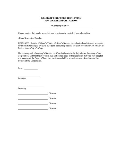 Board Resolution Template BOARD OF DIRECTORS RESOLUTION FOR DIGILIFE