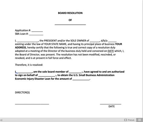 Board Resolution Template r/EIDL