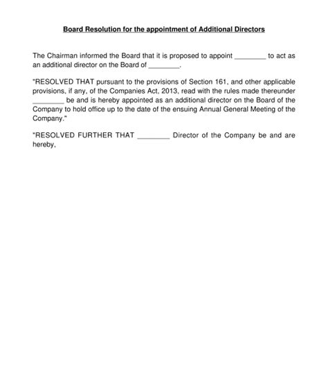 Board Resolution for Appointment of Director Template
