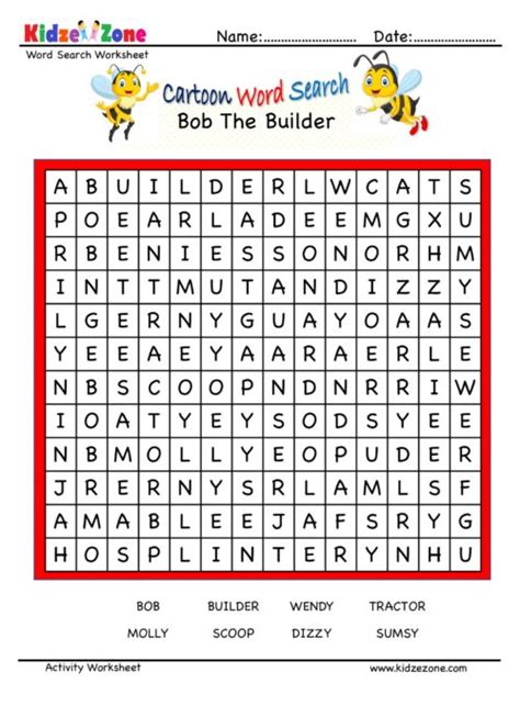 Bob The Builder Word Search Puzzle Worksheet - KidzeZone