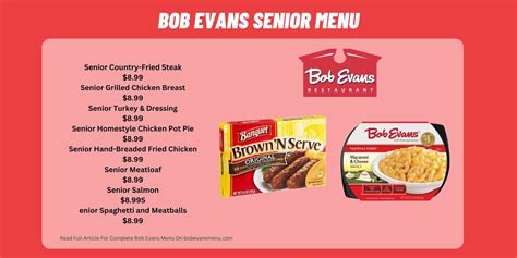 Bob evans senior menu with prices. Jun 8, 2023 ... Bob Evans Farmhouse Menu & Prices (Updated: June 2023) ... As far as I am aware, as of the end of September 2021, Bob Evans Restaurants has over ... 