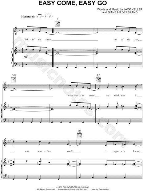 Bobby Sherman "Easy Come, Easy Go" Sheet Music in F …