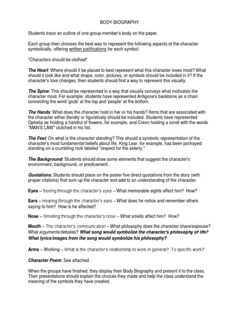 Body Biography Assignment Sheet PDF Poetry Science