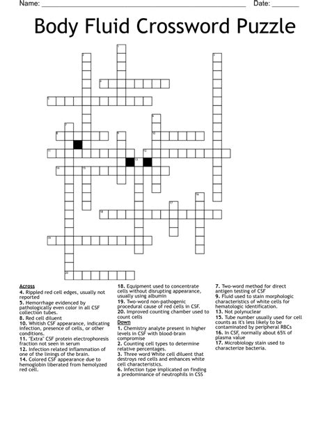 Body Fluid Crossword Puzzle - WordMint