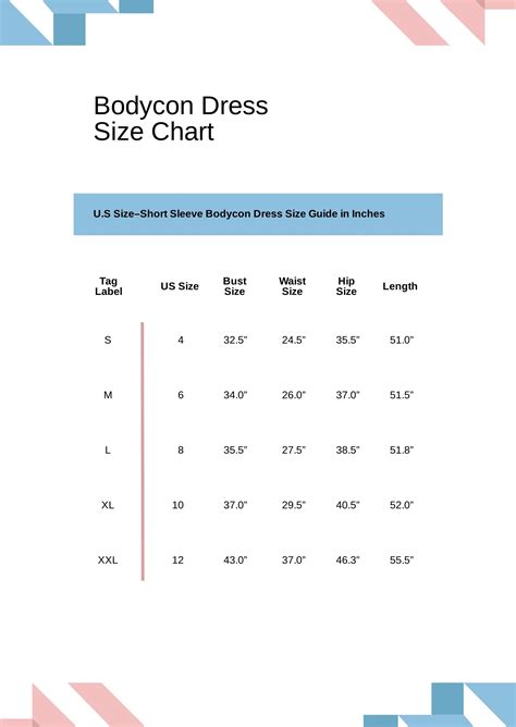 Bodycon Dress Size Chart in PDF Download