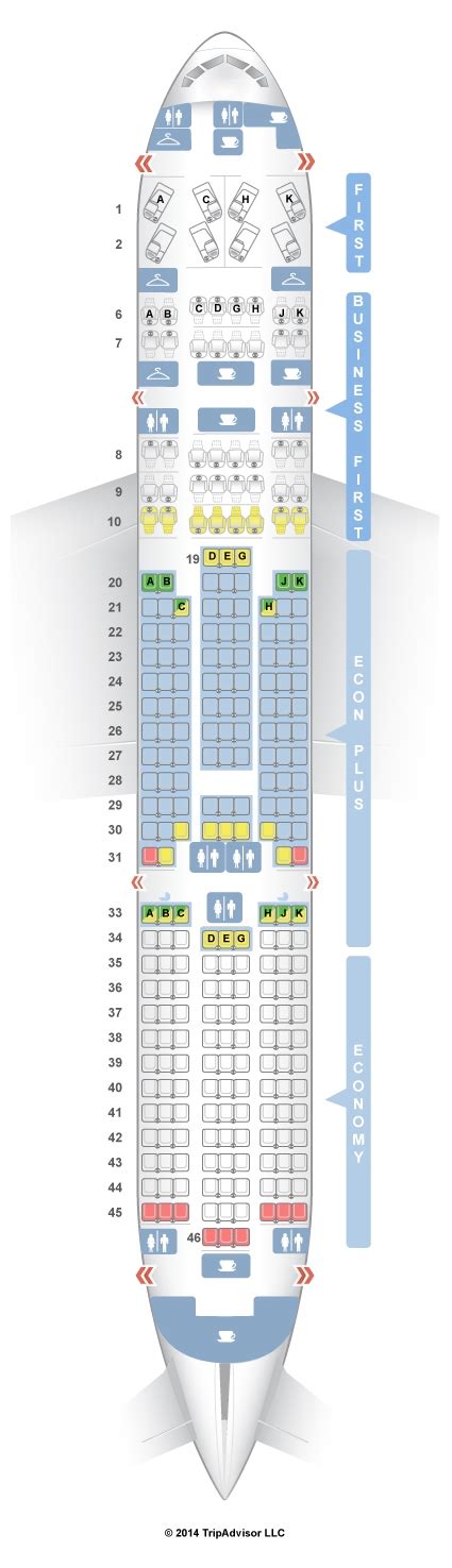 Boeing 777 222 seat layout. This aircraft has 12 seats in First class, 49 seats in Business class and 197 seats in Economy class. This model flies transatlantic routes from the East and West coasts to Europe. There are 56 Boeing 777 in the United fleet with three major markets, North America, Transatlantic and Transpacific. The international subfleets feature personal ... 