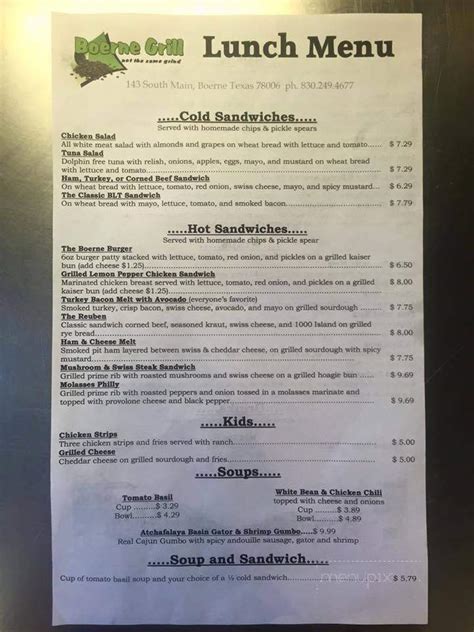 Boerne isd lunch menu. Boerne Grill. Unclaimed. Review. Save. Share. 112 reviews #13 of 59 Restaurants in Boerne $ American Cafe Vegetarian Friendly. 143 S Main St, Boerne, TX 78006-2307 +1 830-249-4677 Website Menu. Closes in 23 min: See all hours. Improve this listing. 
