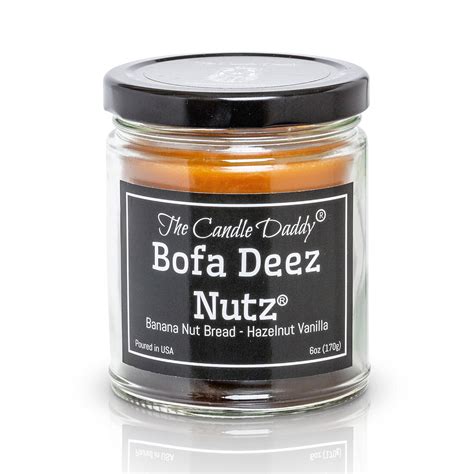 The Candle Daddy's Bofa Deez Nutz Scented Candle features two layers of scents: Banana Nut Bread and Hazelnut, so the scent is always changing and exciting! The Candle Daddy's Jar Candle also burns smoothly, all the way to the edge, and all the way down, for a fantastic 40 hour burn time.. 