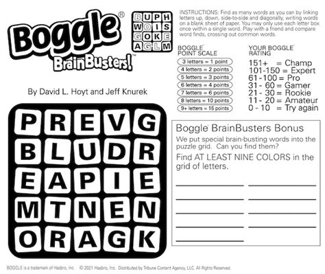 Pay special attention to the Boggle BrainBusters Bonus words! Play with a friend and compare word finds, crossing out common words. Up this week, Boggle find the fish word challenge. Play with a friend and compare word finds, crossing out common words.. 
