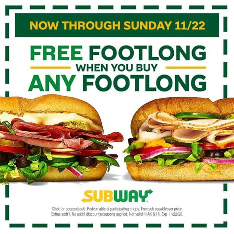 Get any Footlong for 50% off when you buy one in-app or online using code BOGO50 from 4/11-4/30. Terms & Conditions Apply. Order Now. Refuel & refresh with our NEW Wraps. Try our NEW Homestyle Chicken Salad, Honey Mustard Chicken, Cali Caprese, and Turkey, Bacon & Avocado Wraps today. Order Now.. 