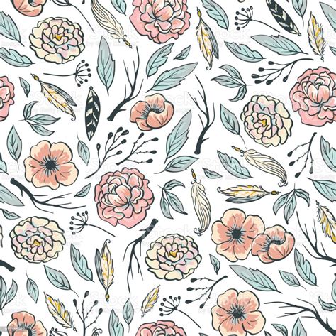 Boho Floral Design Pink Peonies Branches And Feathers Vector Seamless