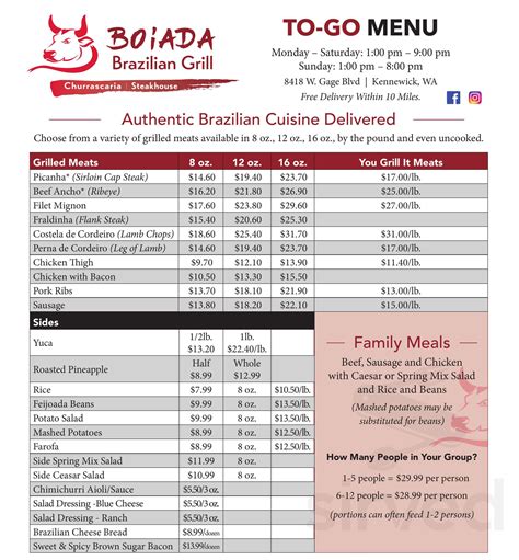 Boiada brazilian grill menu. 1. Boiada Brazilian Grill. 4.1 (175 reviews) Brazilian. Steakhouses. “The Brazilian lemonade is an absolute must try as well, different to me but now a new favorite.” more. Outdoor seating. Delivery. Takeout. 