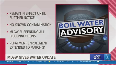 The long and short is MLGW says it can’t provide a timeline for when the boil water advisory will be lifted. ... MLGW reports improved water pressure in South Memphis and East Memphis but places .... 