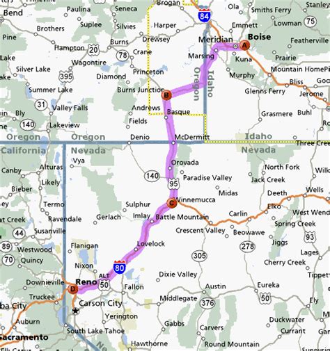 Speed Restriction: 55mph near Reno until Jan 1, 2025. Check road conditions from Boise to Reno, or you can get reverse directions from Reno to Boise. If you're trying to avoid mountains or steep grade roads, check the elevation profile from Boise to Reno. Or if you are hungry, look for places to eat between Boise and Reno..