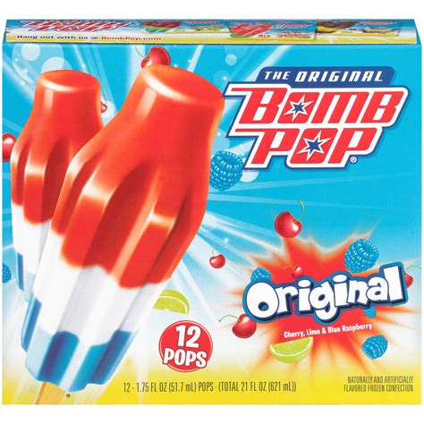 Bomb pop. With three iconic flavors (Cherry, Lime and Blue Raspberry) in one frozen pop, The Original Bomb Pop is Not One Thing. Tastes good, feels good, guilt-free indulgence at just 40 calories per pop. Go wild for warm weather, not because of a sugar rush with just 7g of sugar per pop. 24 frozen pops per box means you can enjoy this delicious flavor ... 