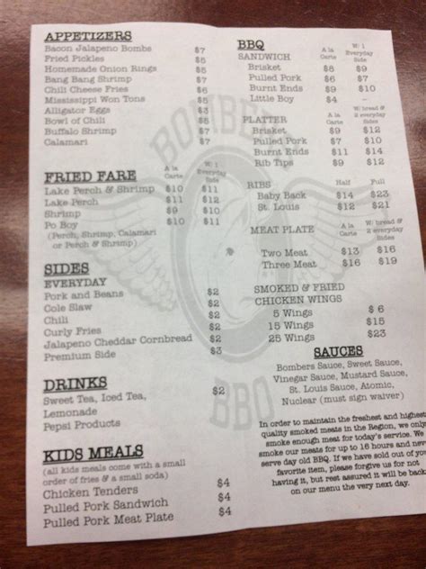 Bombers BBQ Menu Prices - PriceListo