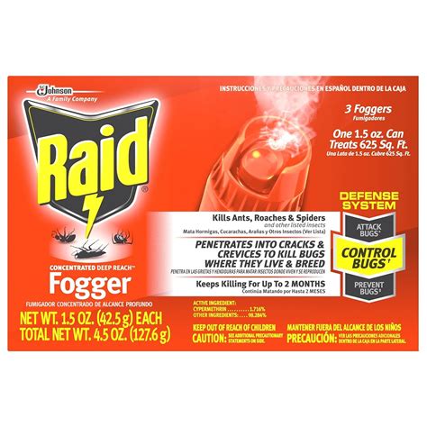 Bombs for roaches. Seeks out Roaches and Fleas. Emits penetrating fog to kill roaches where they hide. Keeps killing roaches with residual action for up to 2 months. Does not leave a wet and messy residue. One 1.5oz fogger treats an entire 25 ft x 25 ft room with an 8 ft ceiling. This product is applicable for the following pest types: Ants, Crickets, Earwigs ... 