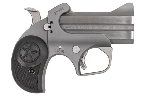 Bond arms rowdy. ABOUT THIS PRODUCT. SKU: 124390872. ITEM: BARN-9MM. DETAILS & SPECS. REVIEWS. Q&A. The Bond Arms Roughneck 9 mm Luger Derringer Pistol works with 9-millimeter ammunition and has a 2-shot capacity. Its barrel measures 2.5 inches and it is made in the USA. 