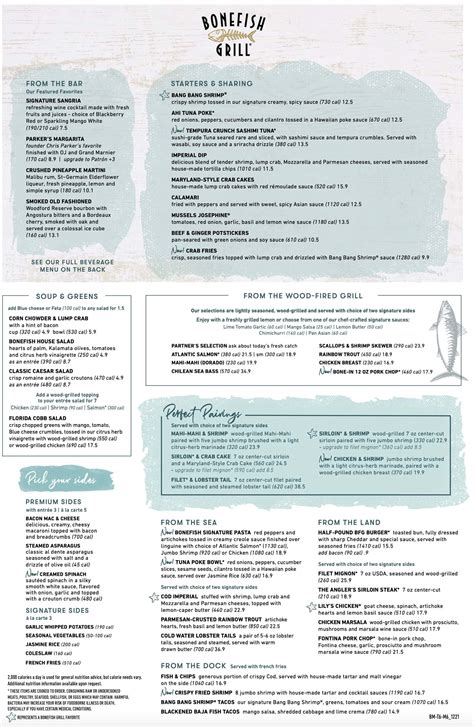 Bonefish Grill Menu Prices at 26381 S Tamiami Trl, Bonita Springs, FL 34134. Bonefish Grill Coupons > Bonefish Grill Menu > Bonefish Grill Nutrition > (239) 390-9208. ... Lunch Combinations. Cup of Soup + House or Caesar Salad : $7.90: 0. Cup of Soup or House or Caesar Salad + 1/2 Chicken Wrap :. 