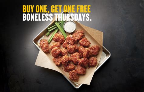 Boneless wing thursday. They also have “Free Boneless Thursday,” where the same deal applies to boneless wings only. Customers looking to take advantage of the BOGO wing deal have the option of purchasing 6, 10, or 15 wings and receiving the same additional number of wings for free. The BOGO wing deal cost between $8-15, depending on how many … 