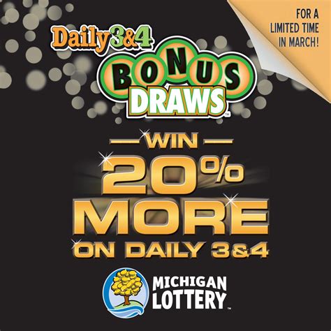 Bonus draw michigan lottery. March 2024. The standard first deposit bonus is automatically credited when you make your first purchase on the site. It is a 50% bonus credit up to $100. In fact, make a $200 deposit into your account and you will be credited the maximum $100. Make a $10 purchase you’ll get $5, and so on. Other available Michigan online … 