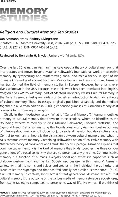 Book Review: Religion and Cultural Memory: Ten …