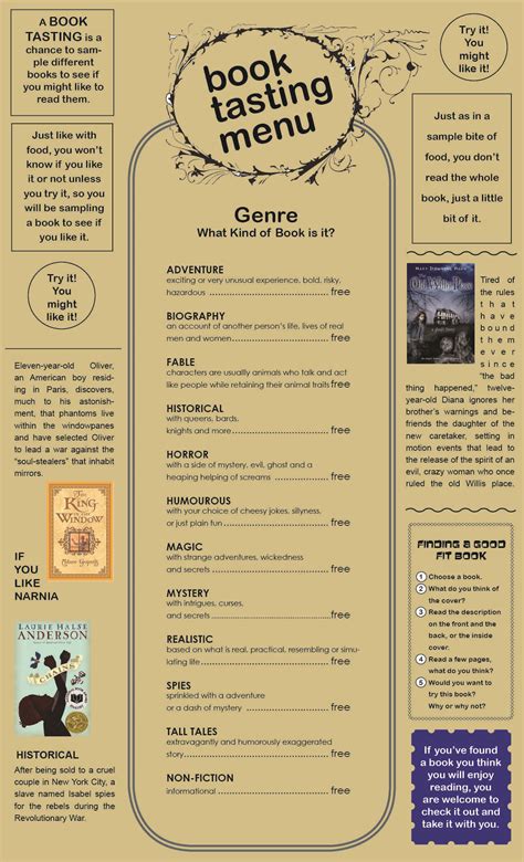 Book Tasting Menu book tasting idea for the library to have students