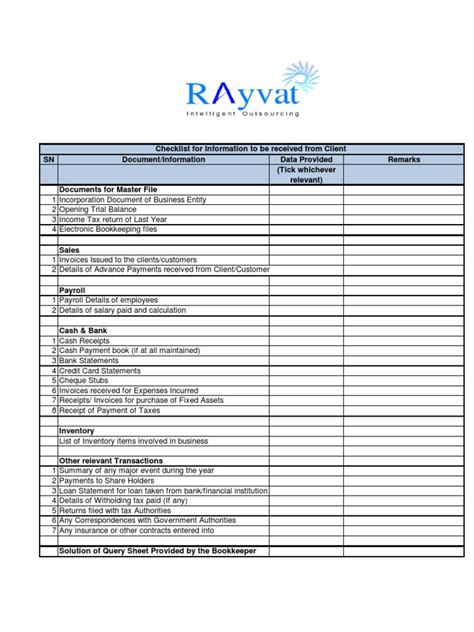Bookkeeping Checklist Rayvat Accounting PDF