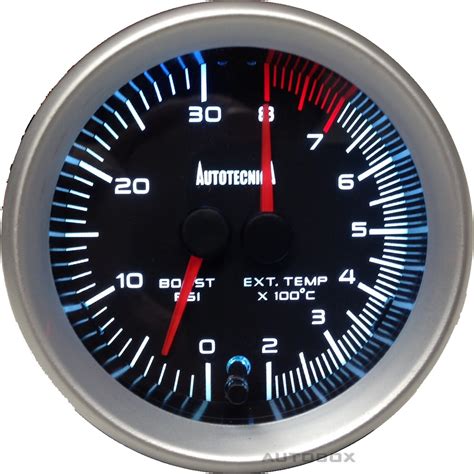 The gauge is supplied with a “K” type EGT sensor and electronic boost MAP sensor interface. The boost has a peak hold function with a display range from 0- 35 PSI and programmable alert level between 10 and 30 PSI. The EGT function also has a peak hold function with a range from 0 to 1,000 °C and is programmable between 500 and 800°C.