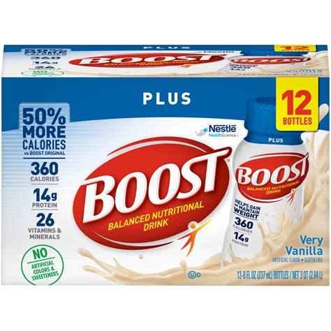 Boost plus walmart. Description. Complete nutritional drink with 360 calories to help you stay strong and active. Research shows that unintentional weight loss in older adults could interfere with physical abilities and is associated with increased health risks. This drink has 1.5 times* the calories of Boost original drink and 14 g of high-quality protein. 