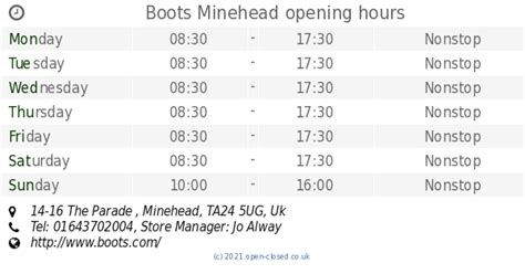 Boots opening times in Minehead, The Parade