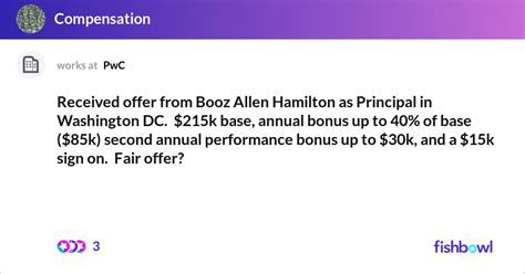 Booz allen hamilton bonuses. How much does Booz, Allen, and Hamilton pay in bonuses? Job Title. Average. Management Consultant. Average: SAR 87k. Currency: SAR • Updated: Feb 26, 2019. Find out what you should be paid. 
