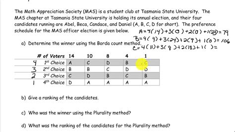 30 seconds. 1 pt. 7. If you have an election with 5 candidates and 40 votes, what is the maximum number of points a candidate can have using the Borda Count Method? 200. not enough information. 21. 40. Multiple Choice.. 