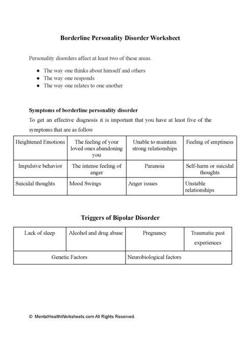 Borderline Personality Disorder Worksheets