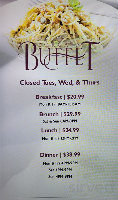 Borgata breakfast buffet menu. Bread & Butter, 1 Borgata Way, Atlantic City, NJ 08401, Mon - Open 24 hours, Tue - Mon - 5:00 pm, 11:00 pm - Wed, Wed - Open 24 hours, Thu - Open 24 hours, Fri - Open 24 hours, Sat - Open 24 hours, Sun - Open 24 hours 
