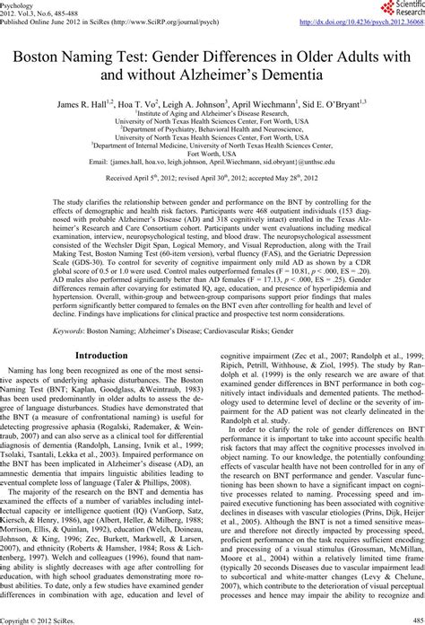 Boston Naming Test Gender Differences in Older Adults with and without