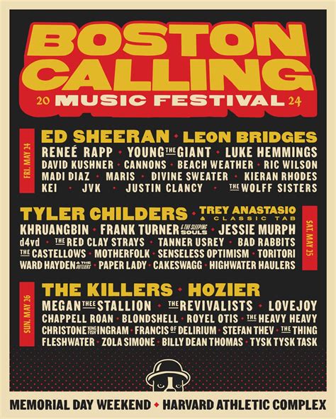 Boston calling. Allston. Watch live music at Boston Calling. Enjoy the sounds of more than 50 artists at Boston Calling 2024, including headliners Ed Sheeran, Tyler Childers, and The Killers at the Harvard ... 