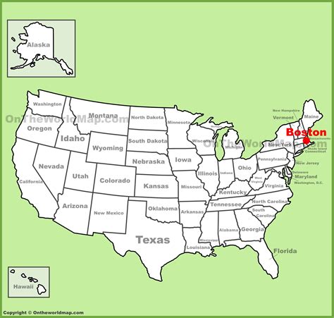 Boston on us map. Localización: City of Boston, Condado de Suffolk, Massachusetts, Nueva Inglaterra, Estados Unidos, América del Norte. Ver en Open­Street­Map. Latitud. 42.3554° o 42° 21' 20" norte. Longitud. 
