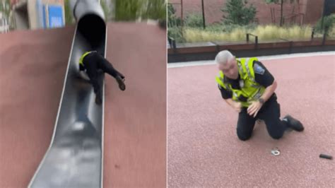Boston police officer slide. This is the bizarre moment a Boston cop hurtled down a children's slide before skidding facedown across the playground's turf. The Boston Police Department said on Tuesday the officer was treated ... 