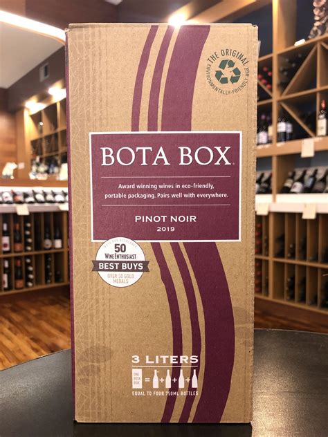 Bota box wine. Each 3 Liter Bota Box contains 4 bottles of Cabernet Sauvignon wine. Rich aromas of black cherry, blackberry, violet, and a hint of black peppercorn with the rich flavors of blackberry pie, black currant, and spice on the finish. Full-bodied red wine pairs well with barbecued meats, hearty stews, and pasta served. with marinara sauce, for your ... 