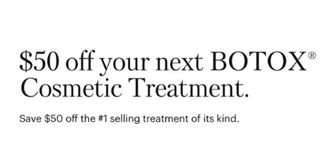 Botox coupon $50 off. 20% OFF DEAL Up To 20% Off + Free P&P on Botox Cosmetic Products Expires: Oct 22, 2023 27 used Click to Save Recommend See Details Fancy more savings? Just use Up to 20% off + Free P&P on Botox Cosmetic products and save more at Botox Cosmetic. Go to your shopping cart and see if it fits your needs. 
