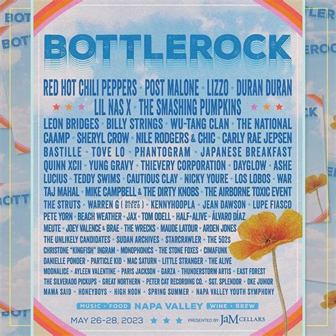 Bottlerock 2023 lineup. BottleRock Napa Valley, announced the highly anticipated line-up for one of the biggest music events of 2023.The 10th anniversary festival lineup features over 75 musical acts including headline artists Red Hot Chili Peppers, Post Malone, Lizzo, Duran Duran, Lil Nas X, and The Smashing Pumpkins.The three-day music, wine, craft brew, … 