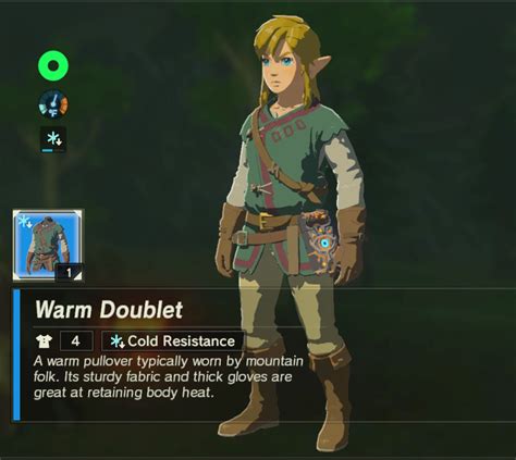 Breath of the Wild. The Warm Doublet is one of the first pieces of clothing that Link can find along his quest, and will protect him from areas of mild cold, such as Mount Hylia.It has a base defense of 1 and cannot be enhanced. When Link visits the Woodcutter's House on the Great Plateau, he will find The Old Man's Diary.Here the Old Man talks about a recipe for …