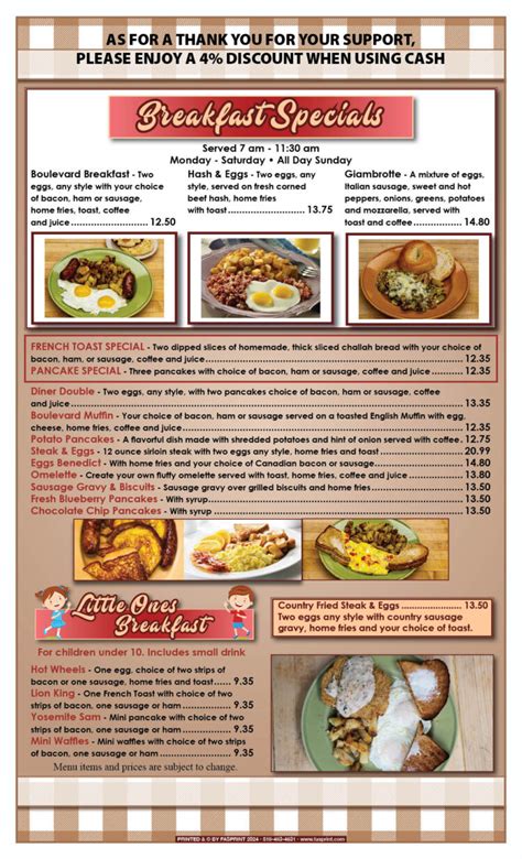 Boulevard brunch menu.  Boulevard Breakfast 2 eggs, choice of ham, applew...
