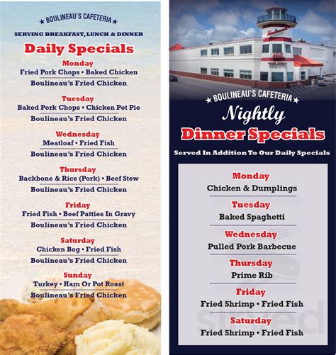 Here's what's on the menu at Boulineau's Cafeteria for Monday, December 11, 2023! Today's Daily Specials are Fried Pork Chops, Baked Chicken and Fried Chicken. Tonight's Dinner Special is Chicken &.... 