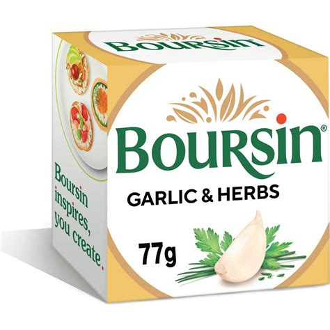 Boursin garlic and herb. BoursinGarlic & Herb or Shallot & Chive Gournay Spread. Boursin. Garlic & Herb or Shallot & Chive Gournay Spread. Amountsee price in store * Quantity 5.2 oz. selected Description. 